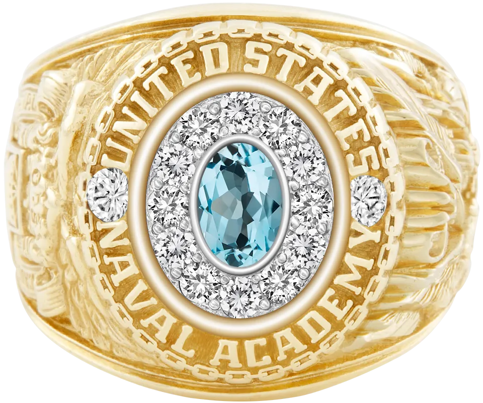 USNA Class Ring Mod with Sky Blue Topaz Centerpiece and Diamond Dividers