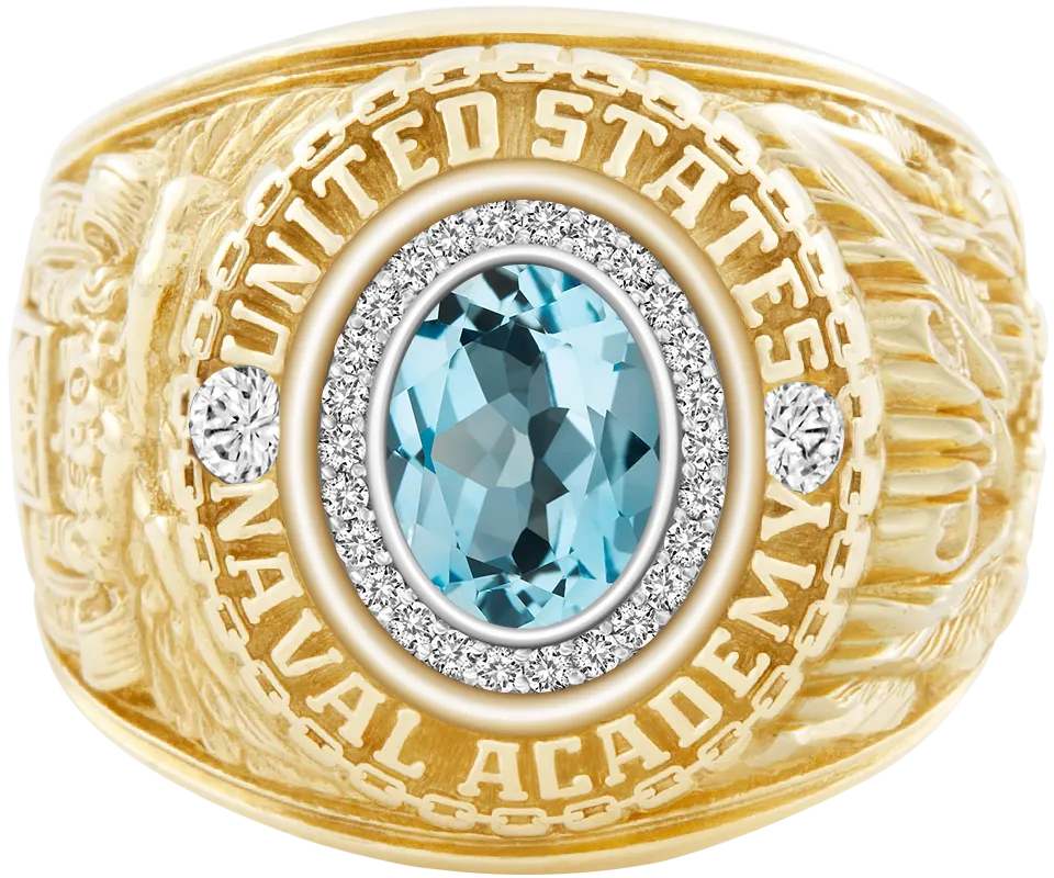 USNA Class Ring Mod with Sky Blue Topaz Centerpiece and Diamond Dividers