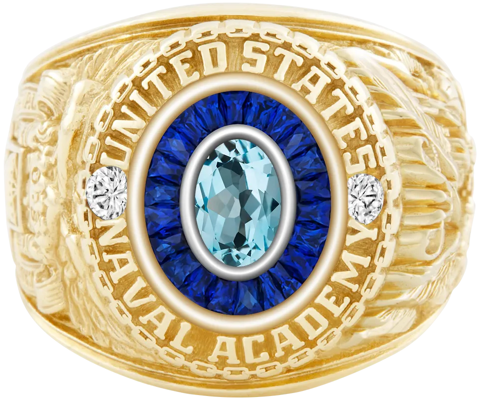 USNA Class Ring Mod with Sky Blue Topaz Centerpiece and Diamond Dividers