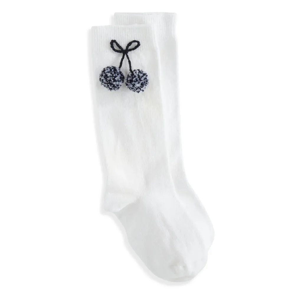 Varsity Knee High Socks- White with Navy Pom Poms