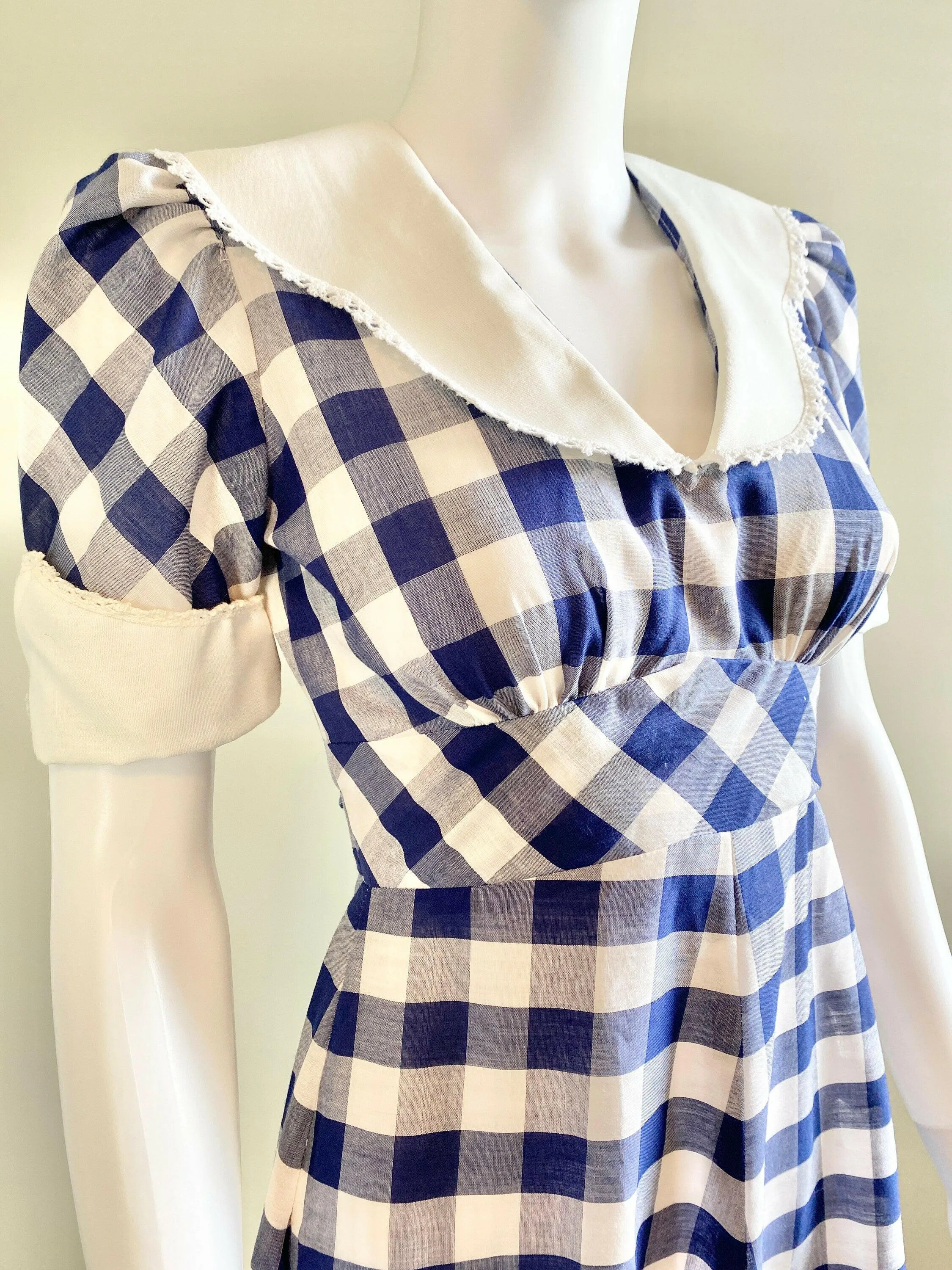 Vintage 1970s Navy Gingham Puff Sleeve Dress / 70s does 1930s Party Dress / Size S M