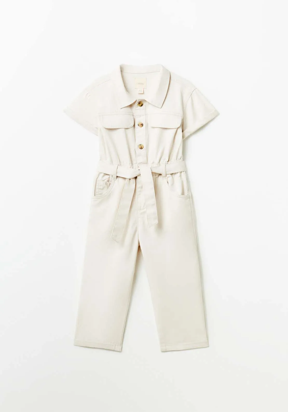 Wide Leg Twill Jumpsuit - Beige