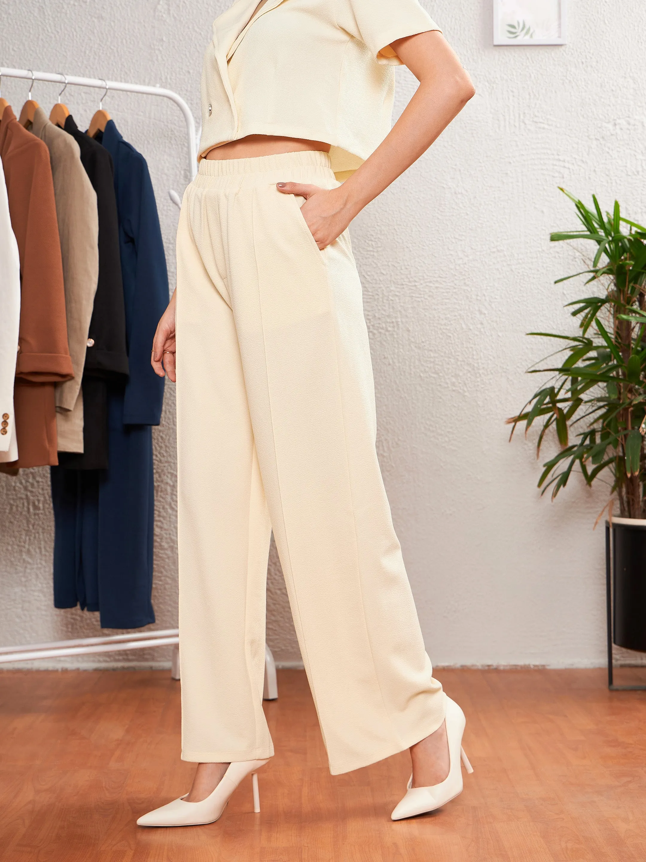 Women Cream Front Darted Palazzo Pants