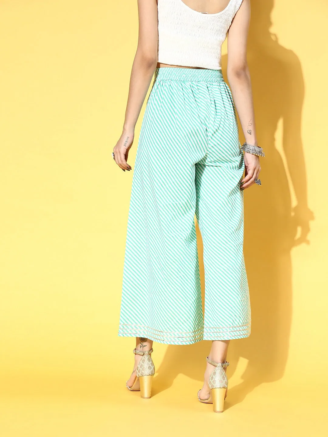 Women Green Lehariya Ankle Length Palazzo Pants