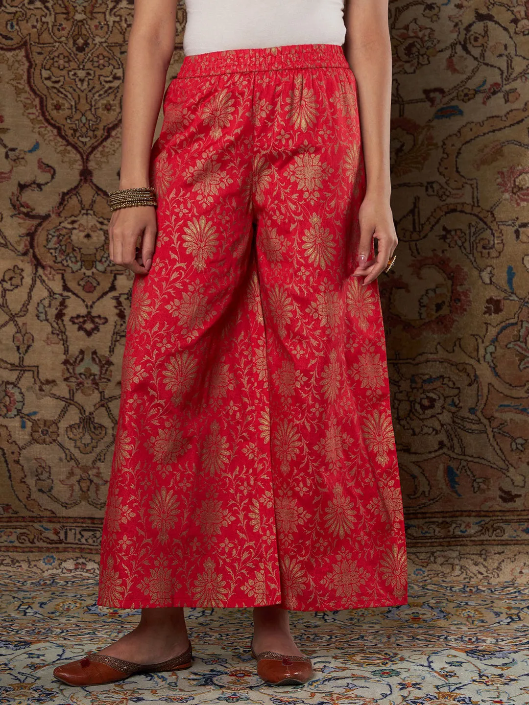 Women Red Brocade Floral Ankle Palazzo Pants