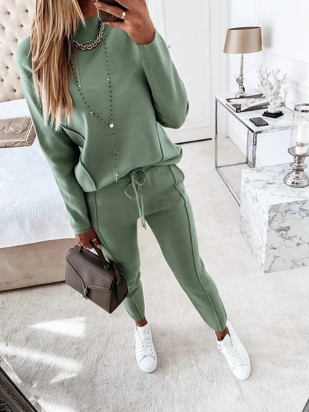 Women's Green and Pink Drawstring Turtleneck Sweatshirt Tracksuit Pants Set