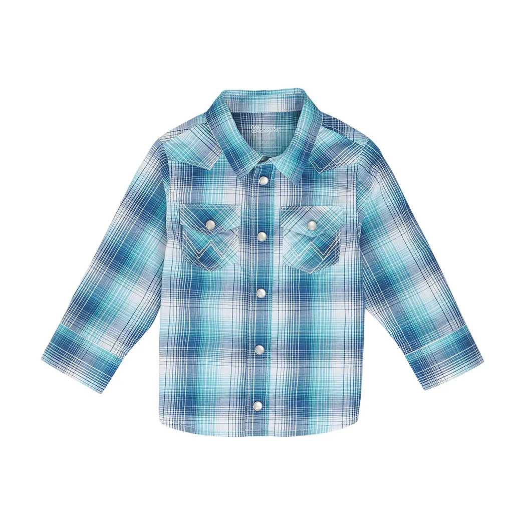 Wrangler Kid's Blue & Turquoise Plaid Long Sleeve Pearl Snap Shirt