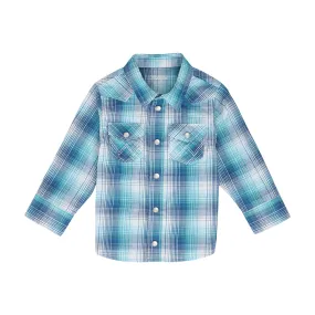 Wrangler Kid's Blue & Turquoise Plaid Long Sleeve Pearl Snap Shirt