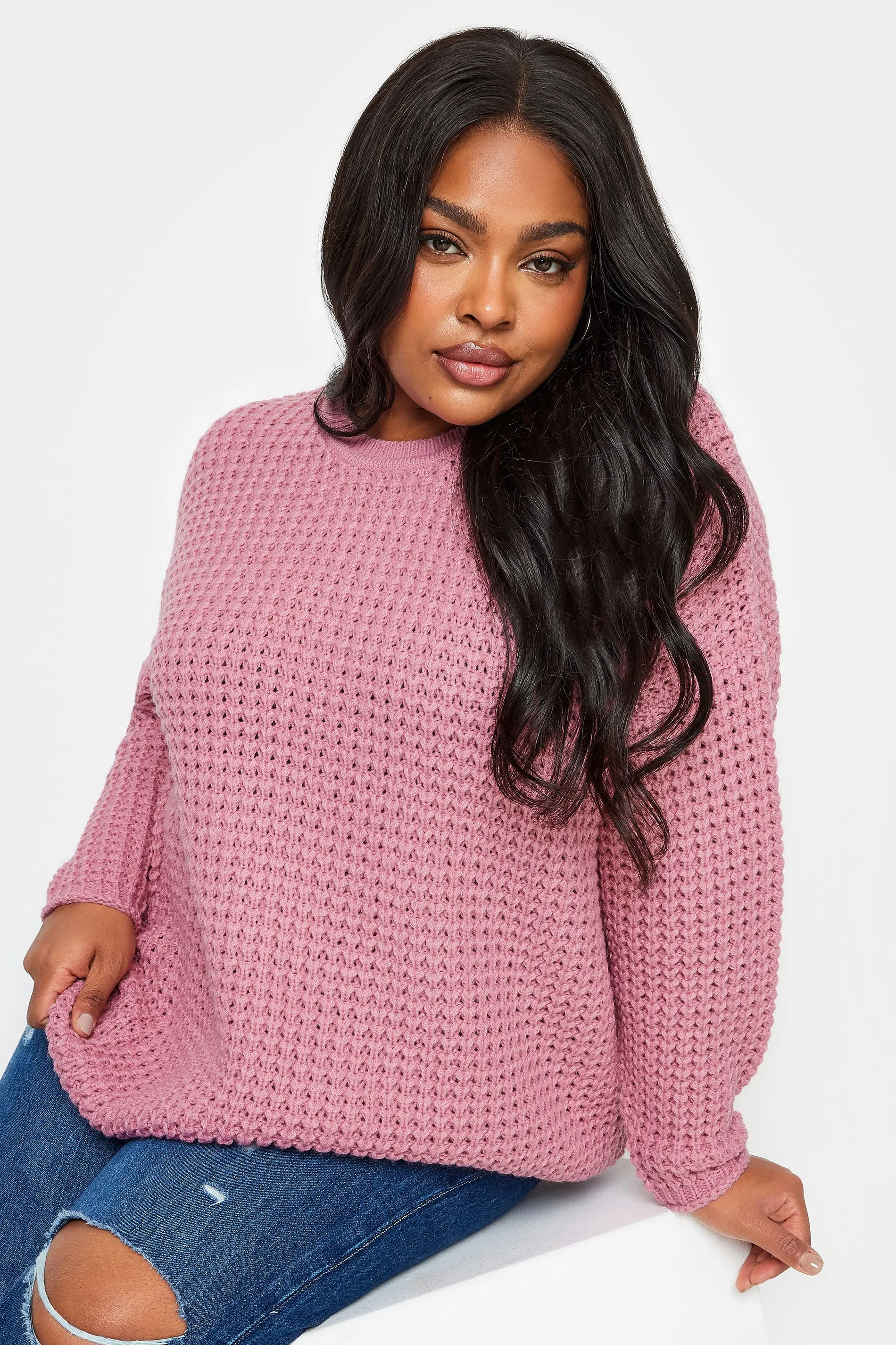 YOURS Curve Pink Waffle Knit Jumper