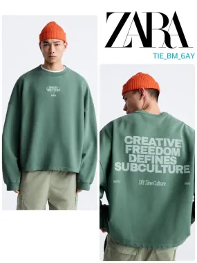 ZARA  |Long Sleeves Plain Cotton Logo Sweatshirts